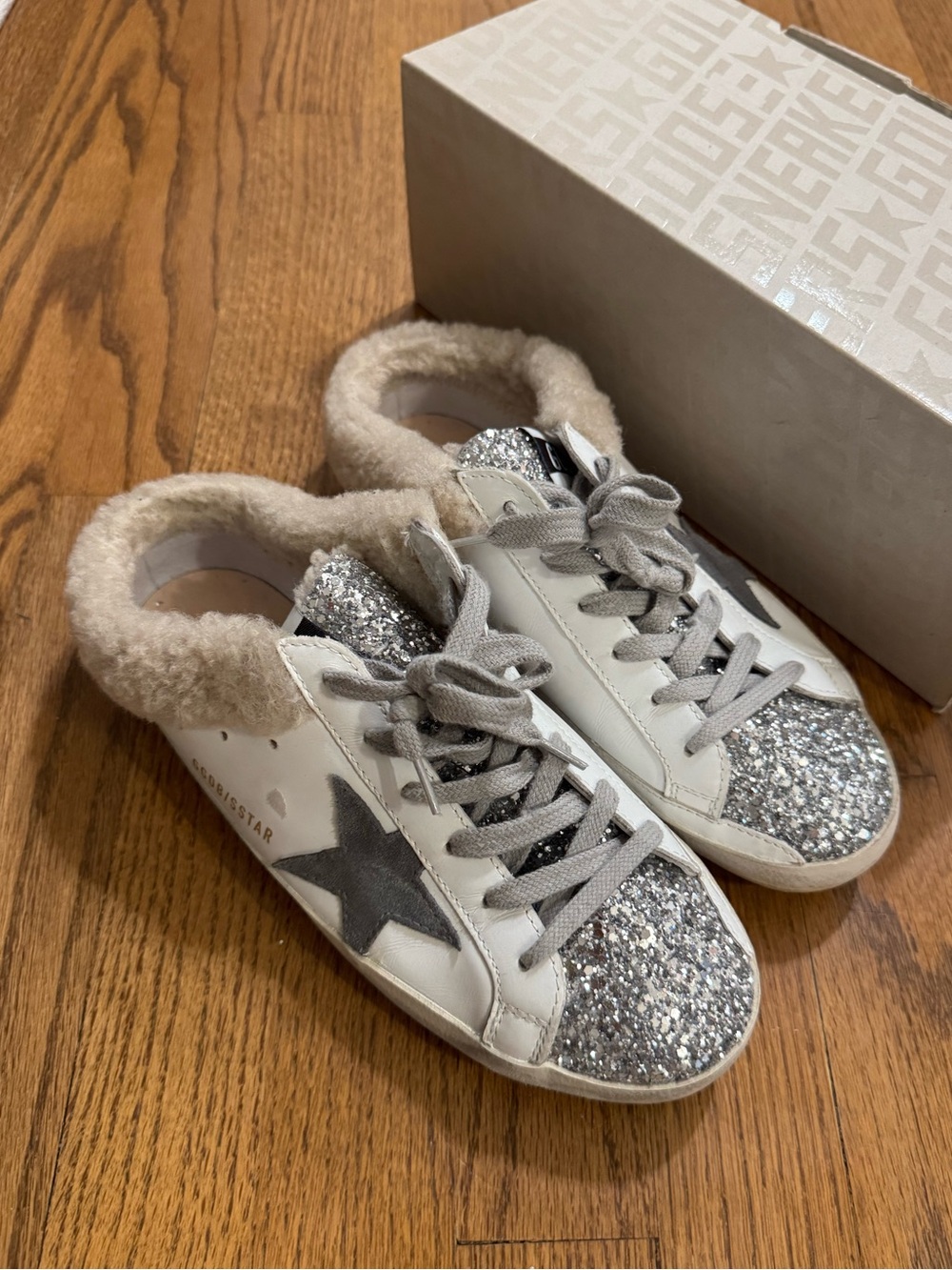 Golden Goose Shearling Sabots Fuzzy-Lined Glitter Star Sneakers - White & Silver